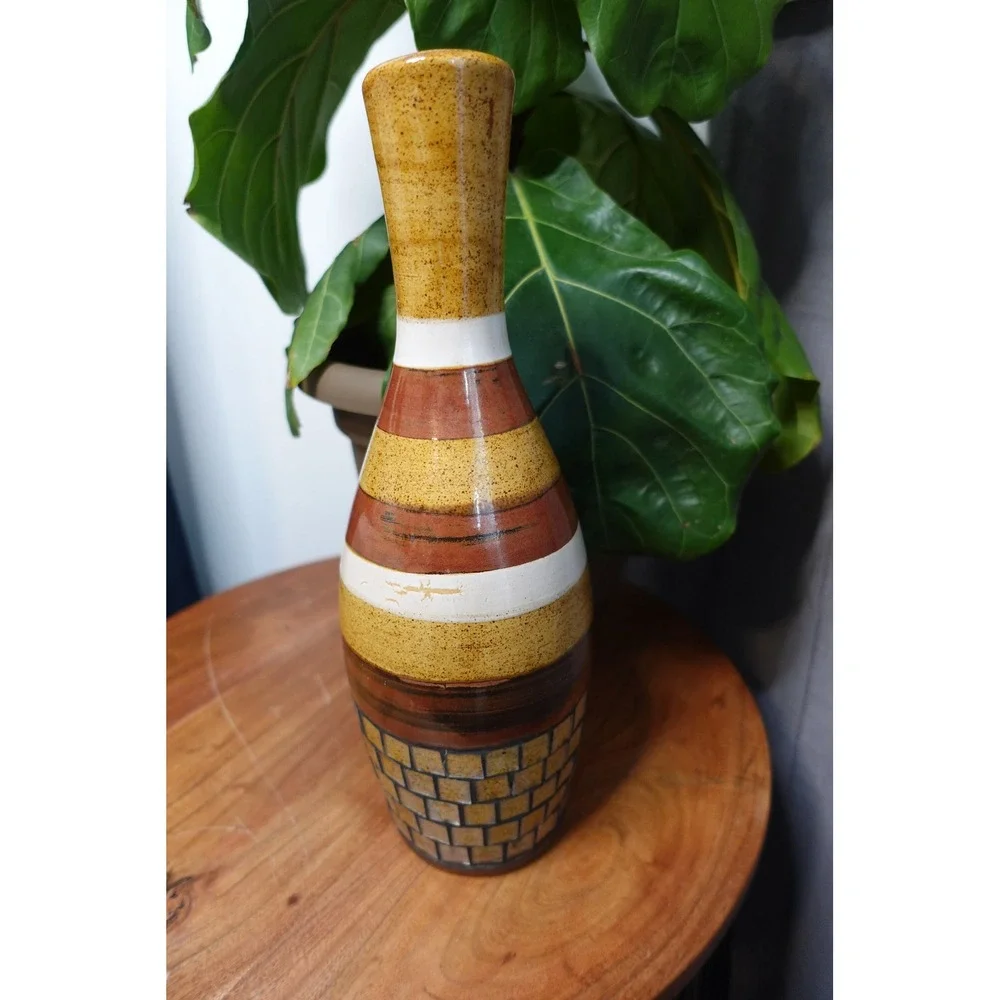Striped Ceramic Vase with Brick Design, Vintage Decorative‎ Accent Vase
